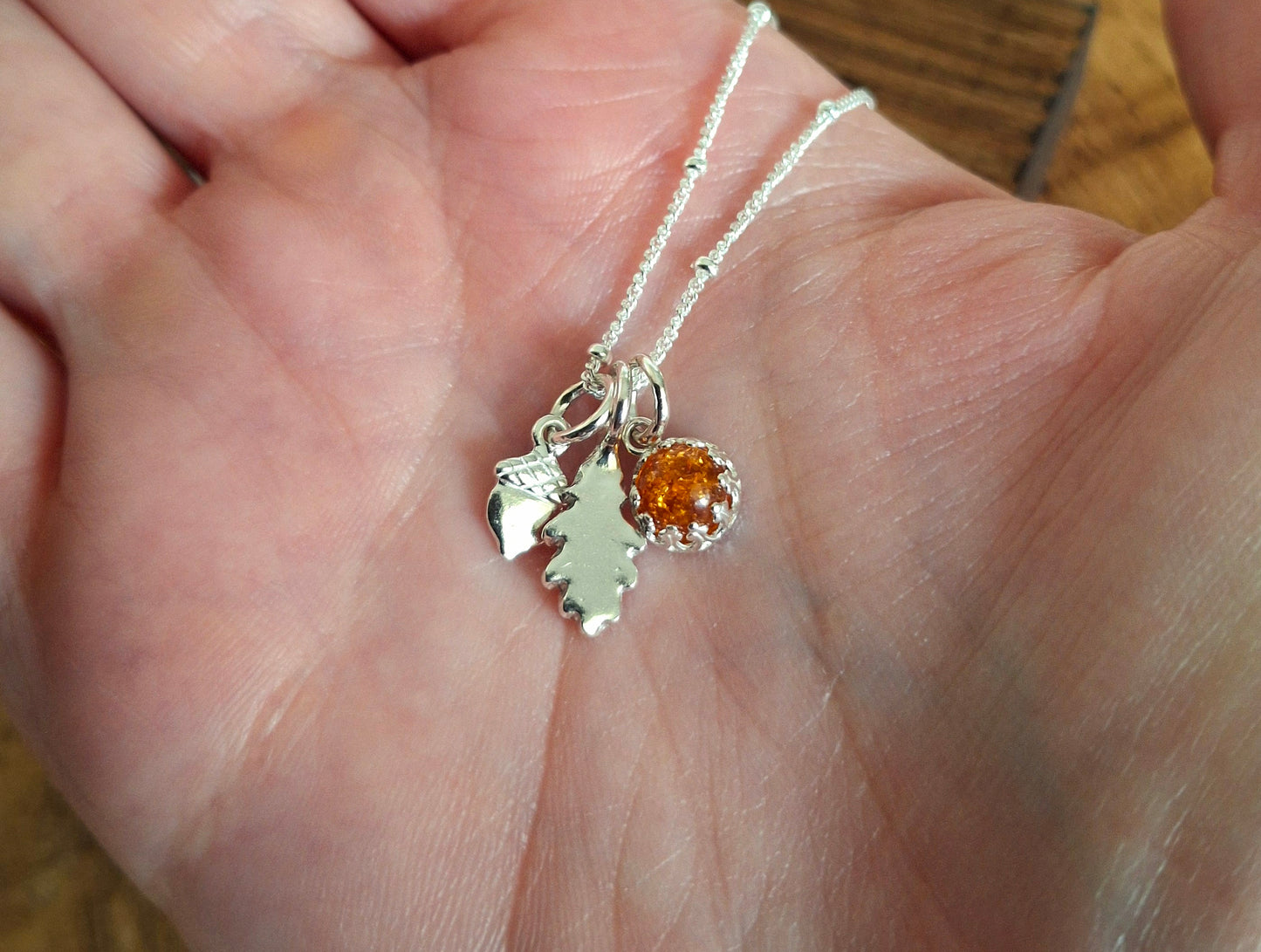 Small Oak Leaf, Acorn & Amber Silver Necklace 2