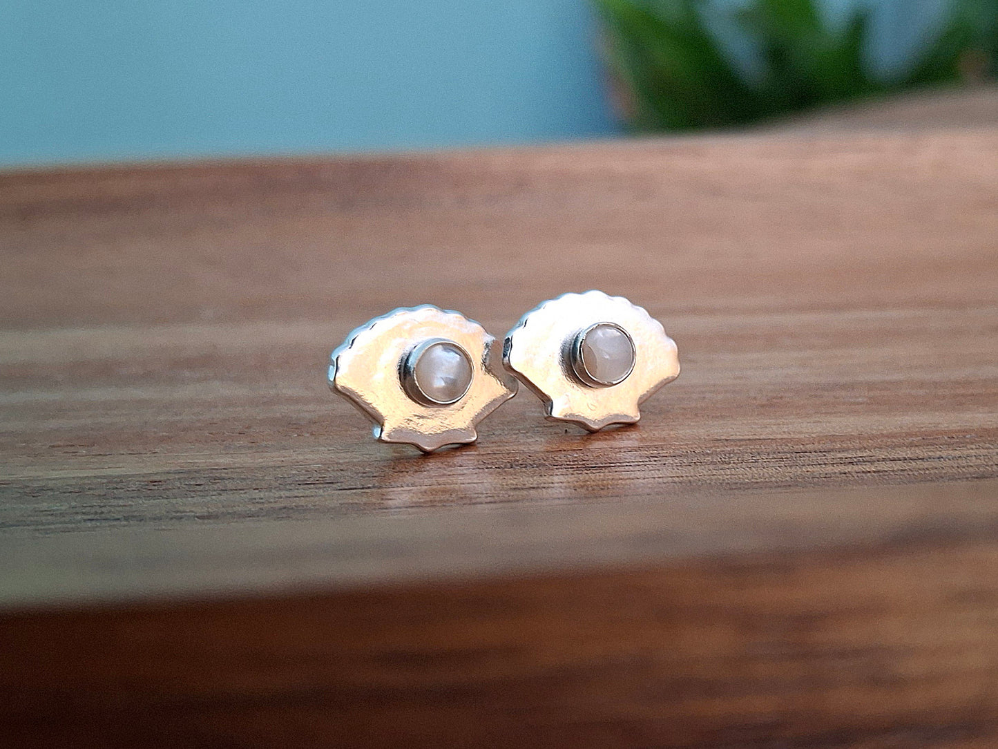 Handmade Scallop Shell Studs with Mother of Pearl