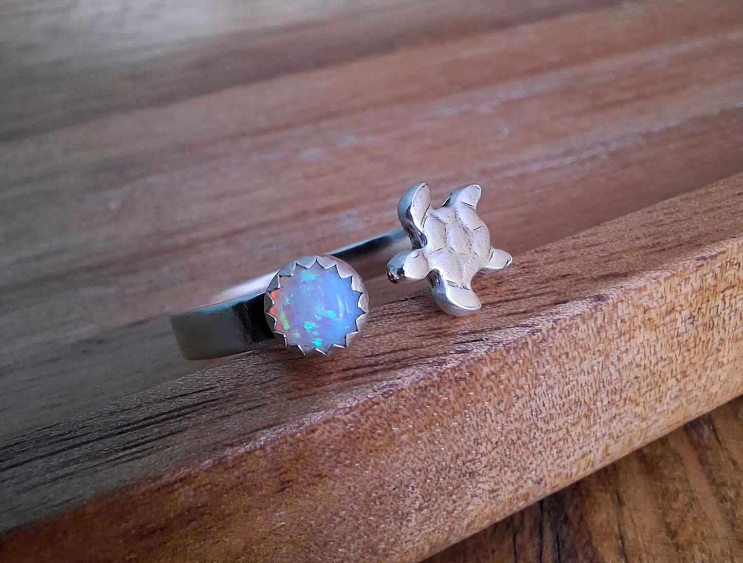 Handmade Adjustable Silver Turtle & Opal Ring