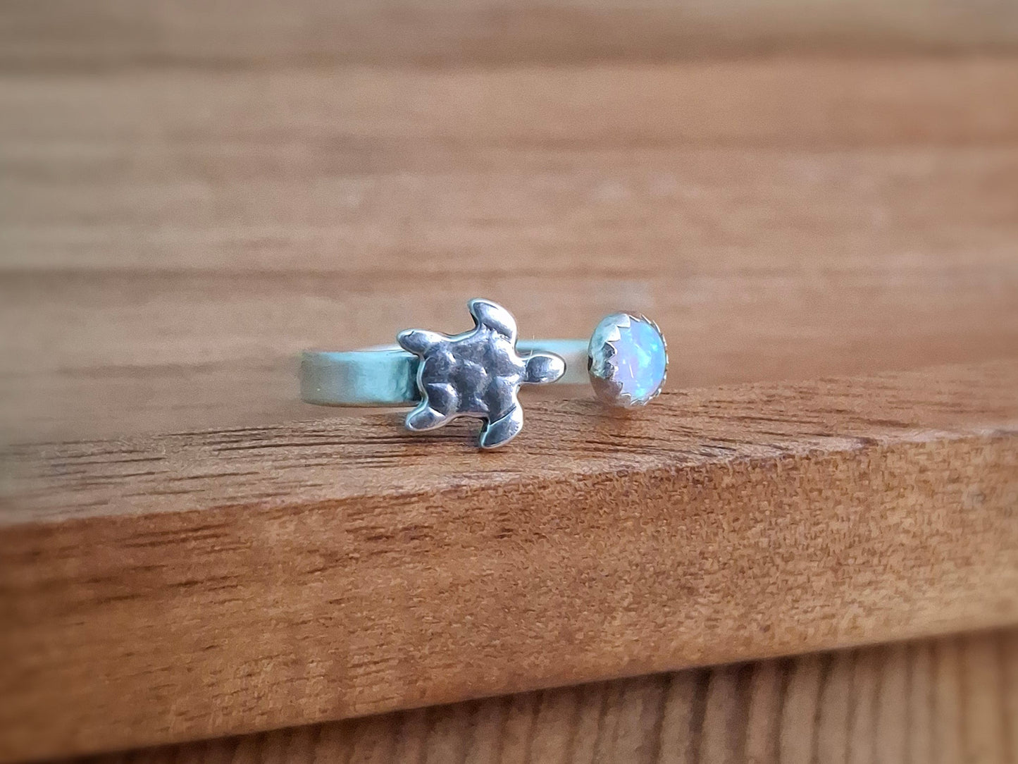 Handmade Adjustable Silver Turtle & Opal Ring