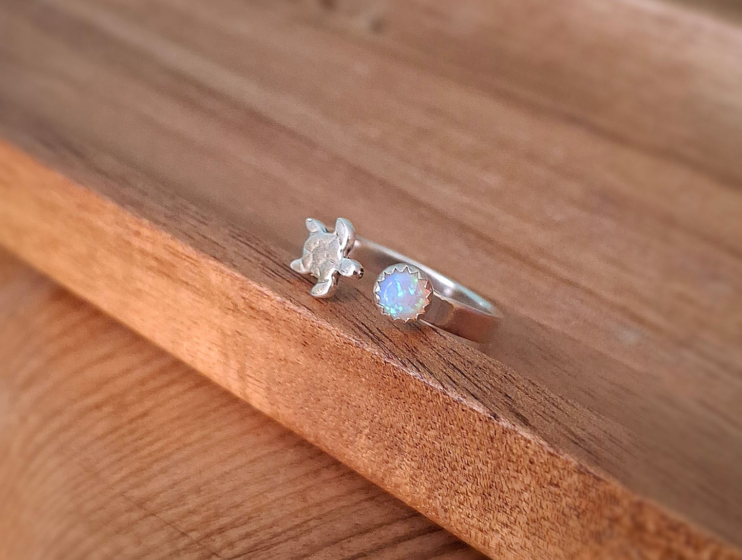 Handmade Adjustable Silver Turtle & Opal Ring