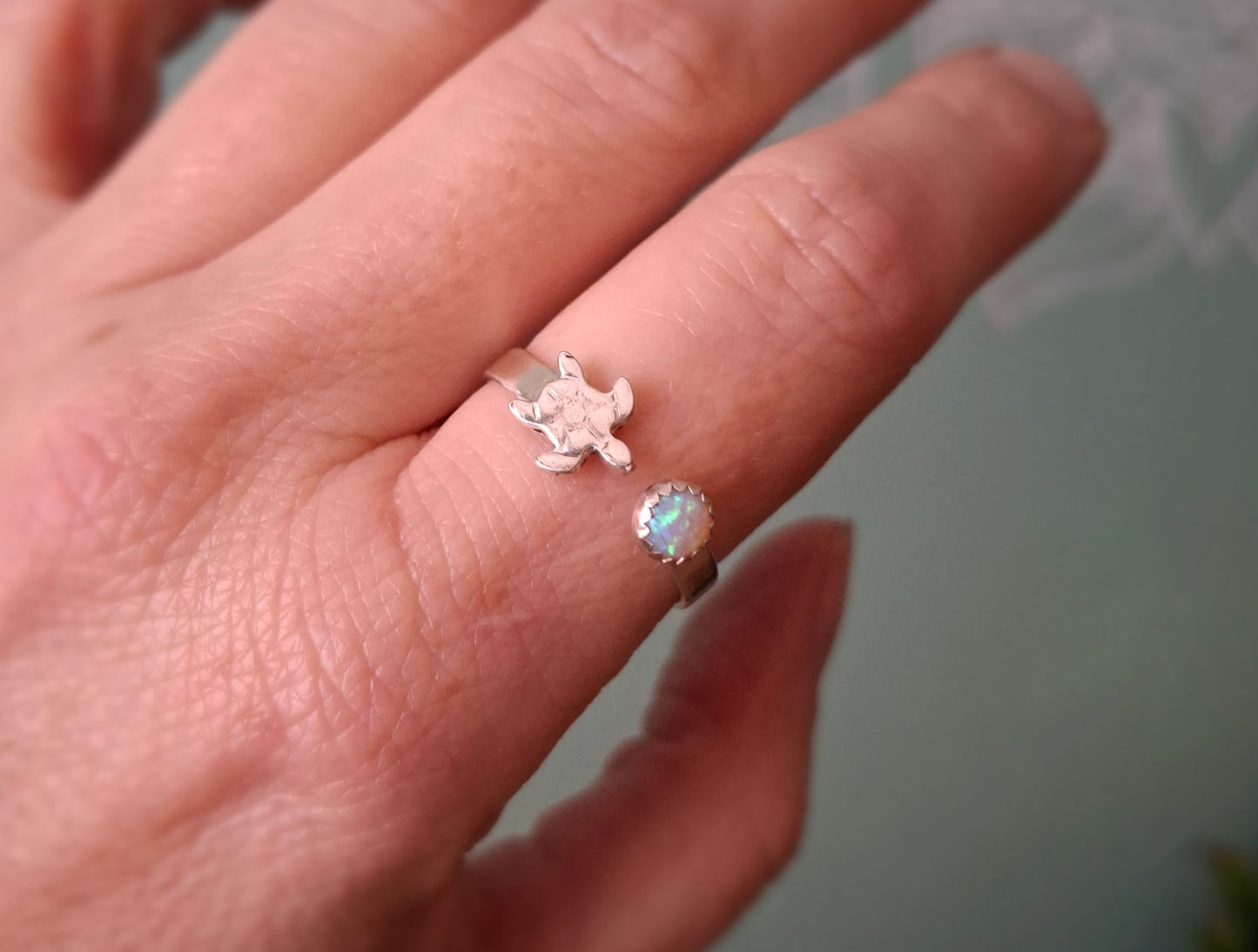 Handmade Adjustable Silver Turtle & Opal Ring