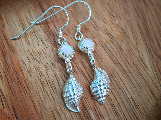 Handmade Seaside Shell Silver Ear Dangles with Mother of Pearl