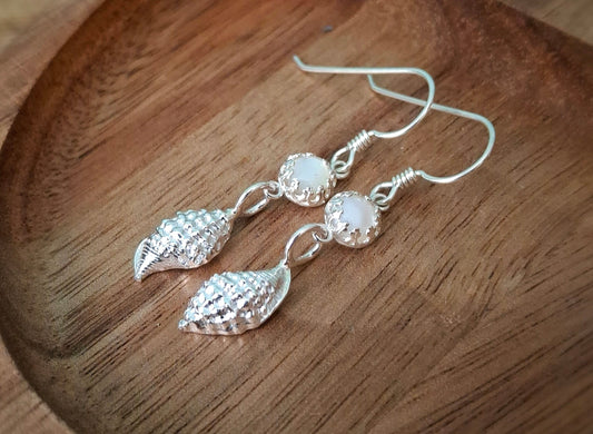Handmade Seaside Shell Silver Ear Dangles with Mother of Pearl
