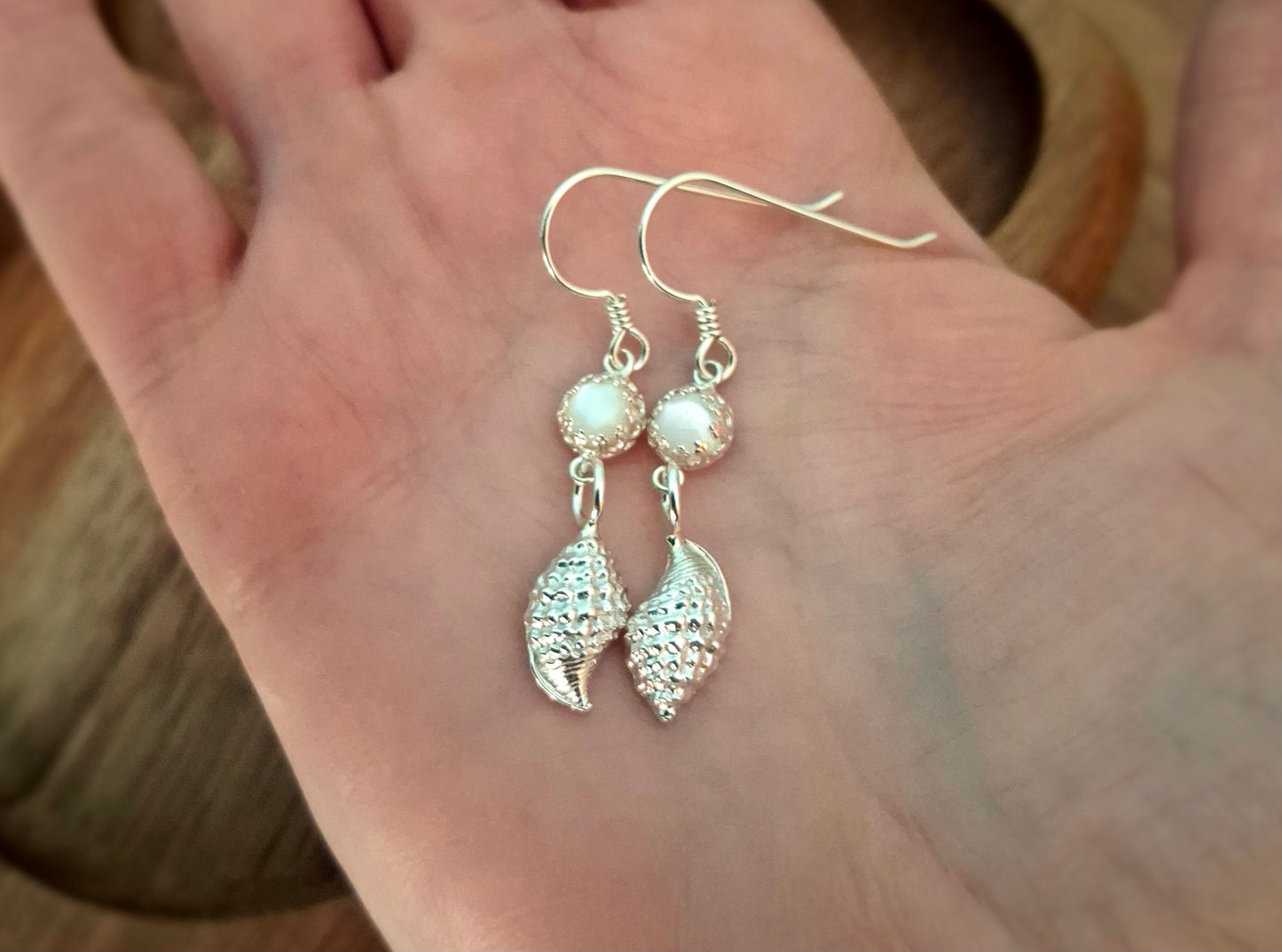 Handmade Seaside Shell Silver Ear Dangles with Mother of Pearl