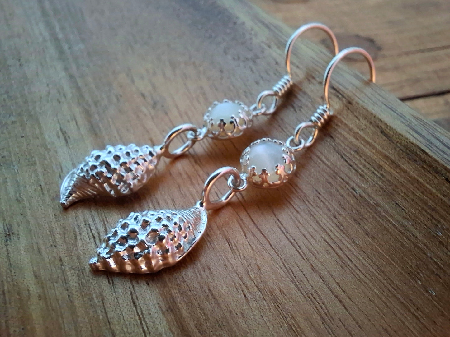 Handmade Seaside Shell Silver Ear Dangles with Mother of Pearl