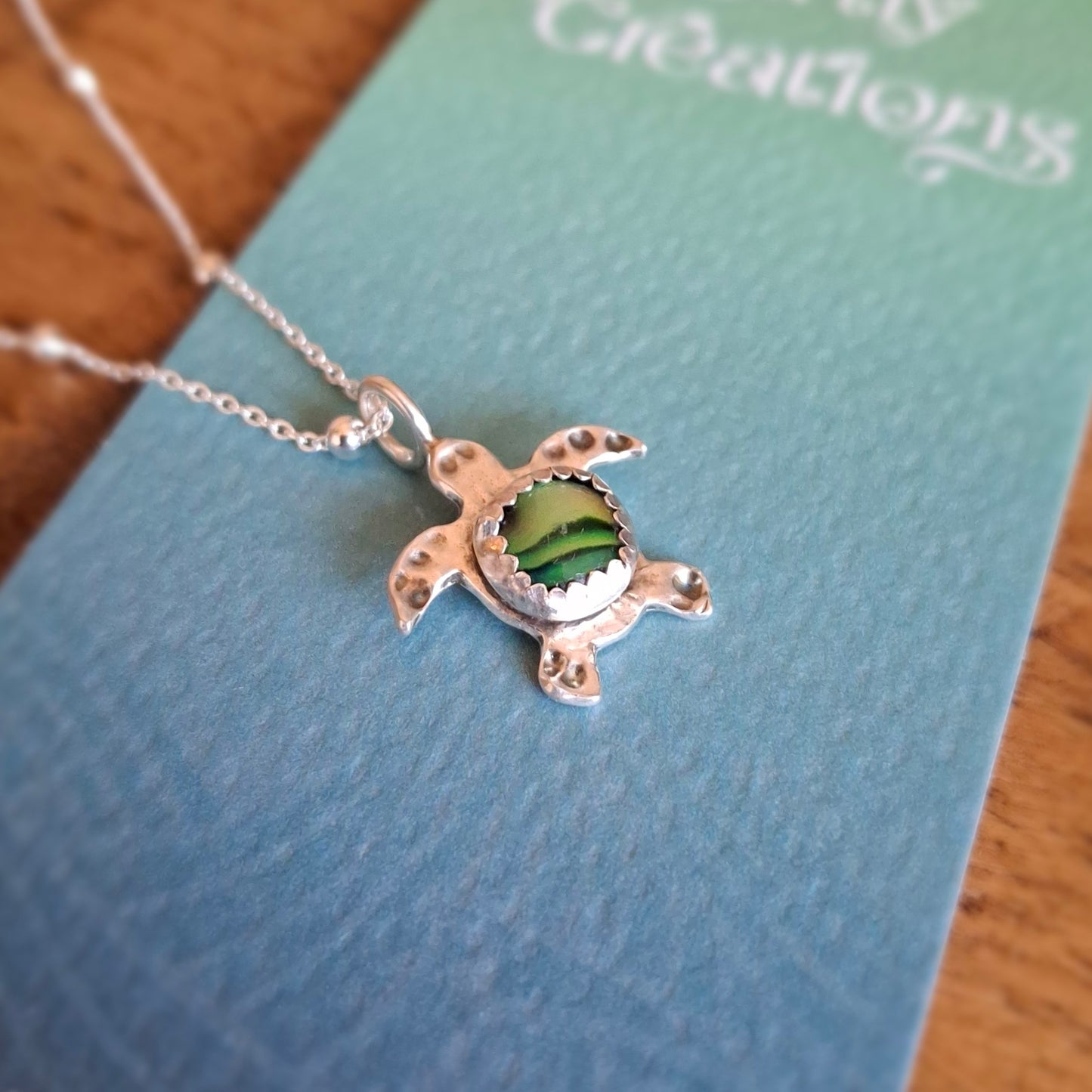 Turtle Charm Necklace Green Abalone Shell