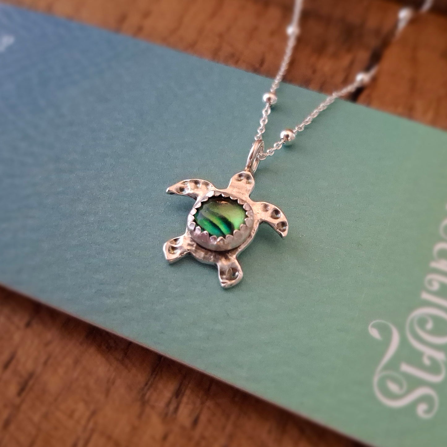 Turtle Charm Necklace Green Abalone Shell