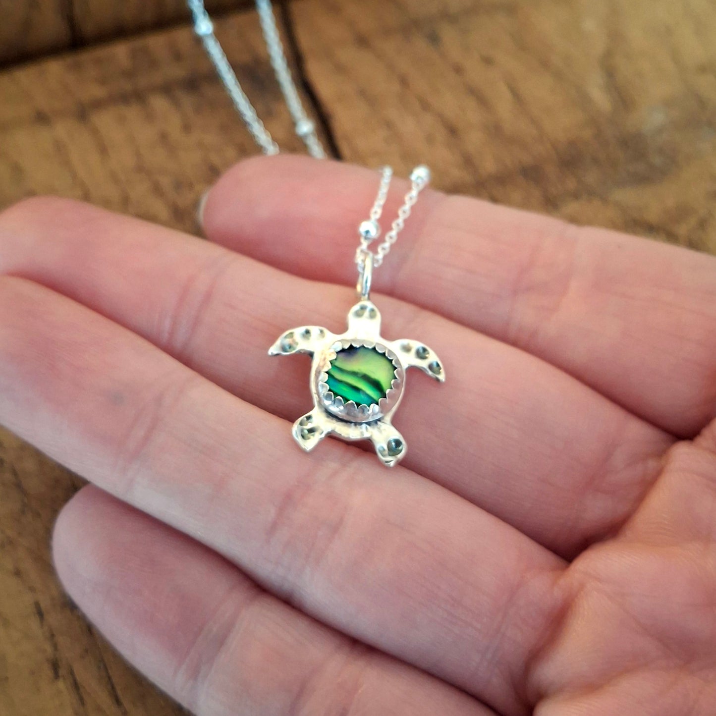 Turtle Charm Necklace Green Abalone Shell