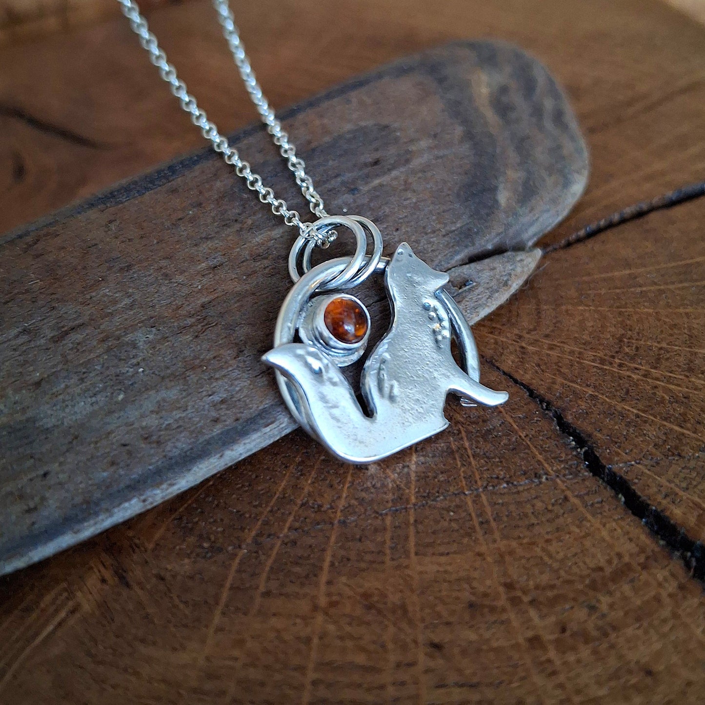 Handmade Silver Fox Necklace with Amber