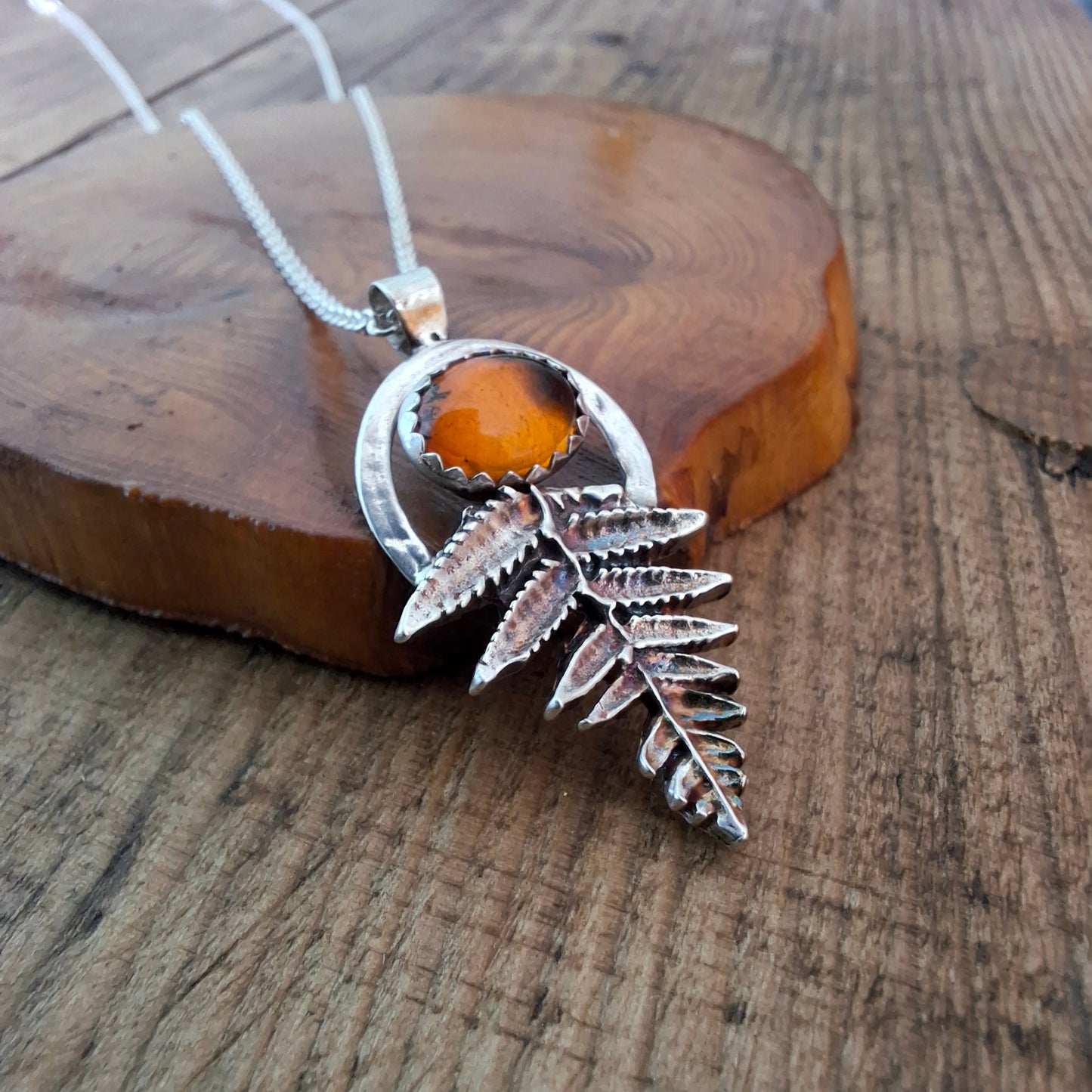 Handmade Silver Fern Leaf and Amber Necklace
