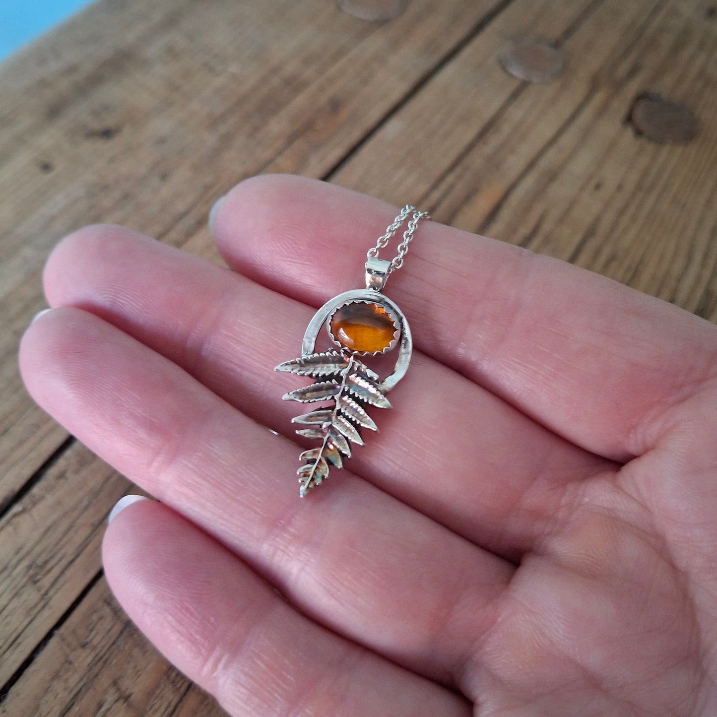 Handmade Silver Fern Leaf and Amber Necklace