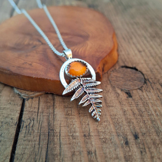 Handmade Silver Fern Leaf and Amber Necklace