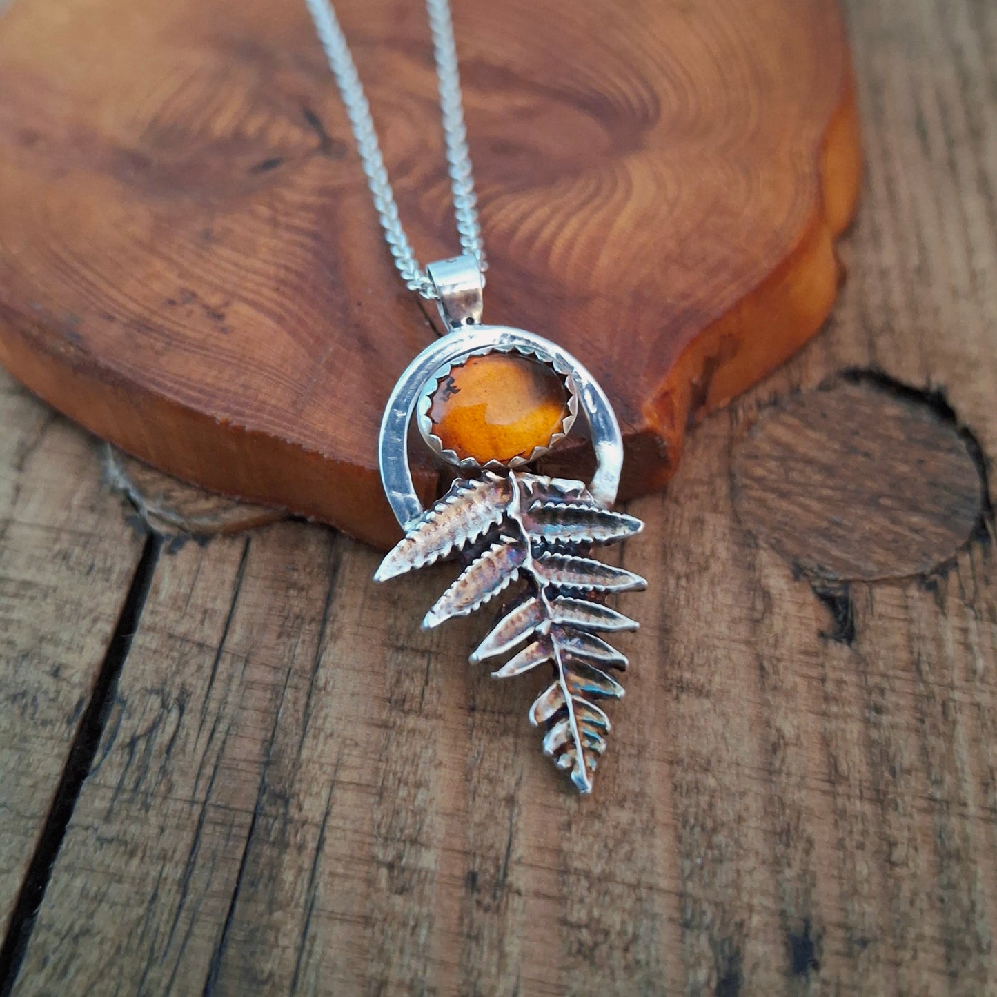 Handmade Silver Fern Leaf and Amber Necklace