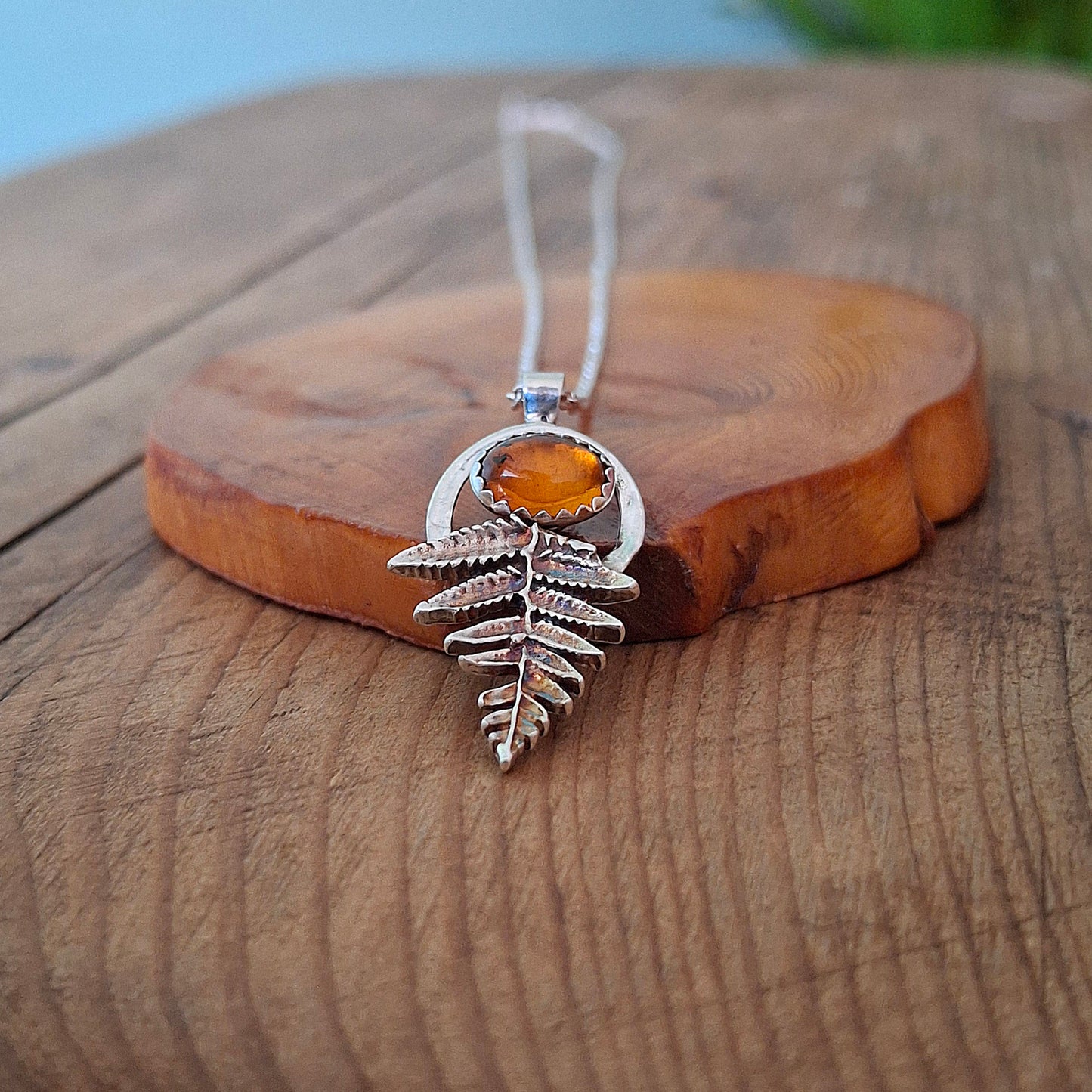 Handmade Silver Fern Leaf and Amber Necklace