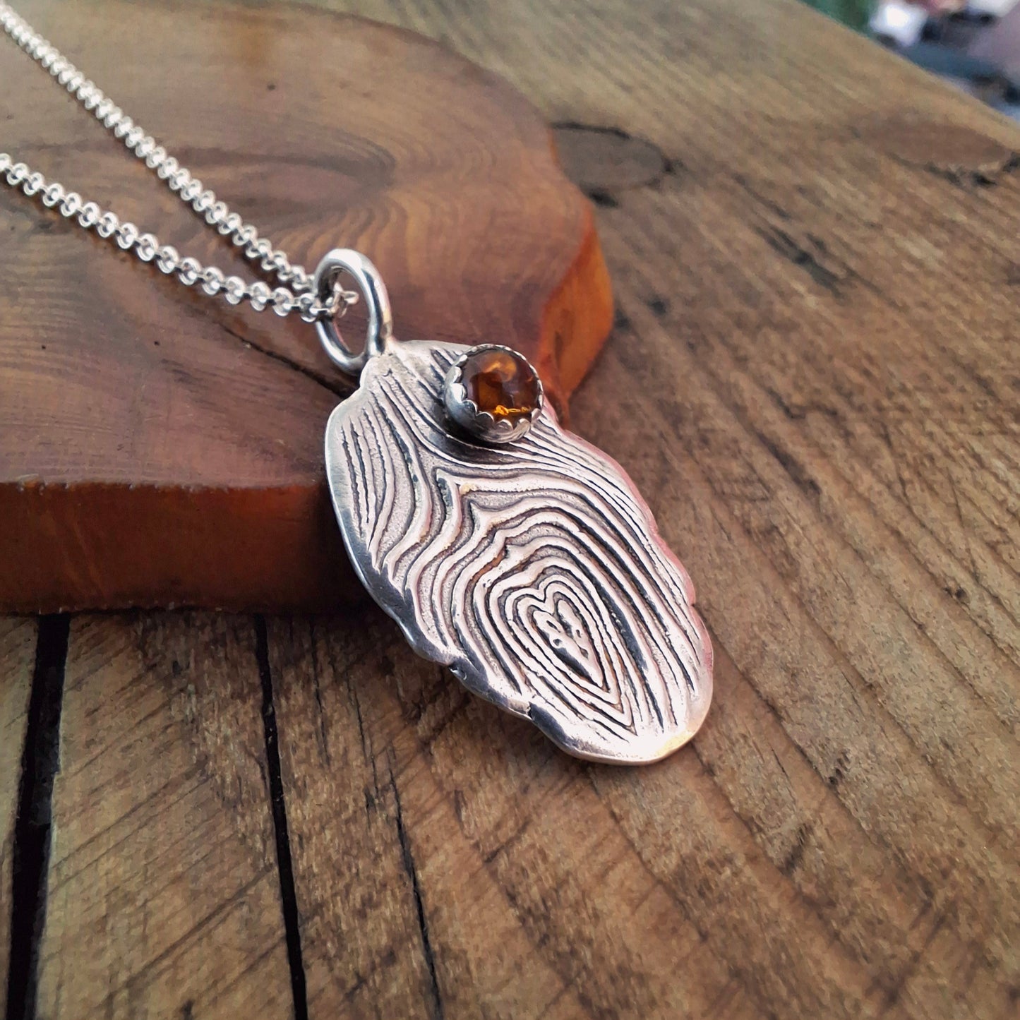 Silver Tree Bark Heart and Amber Handmade Necklace