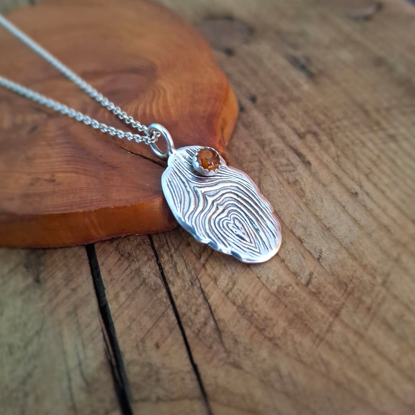 Silver Tree Bark Heart and Amber Handmade Necklace