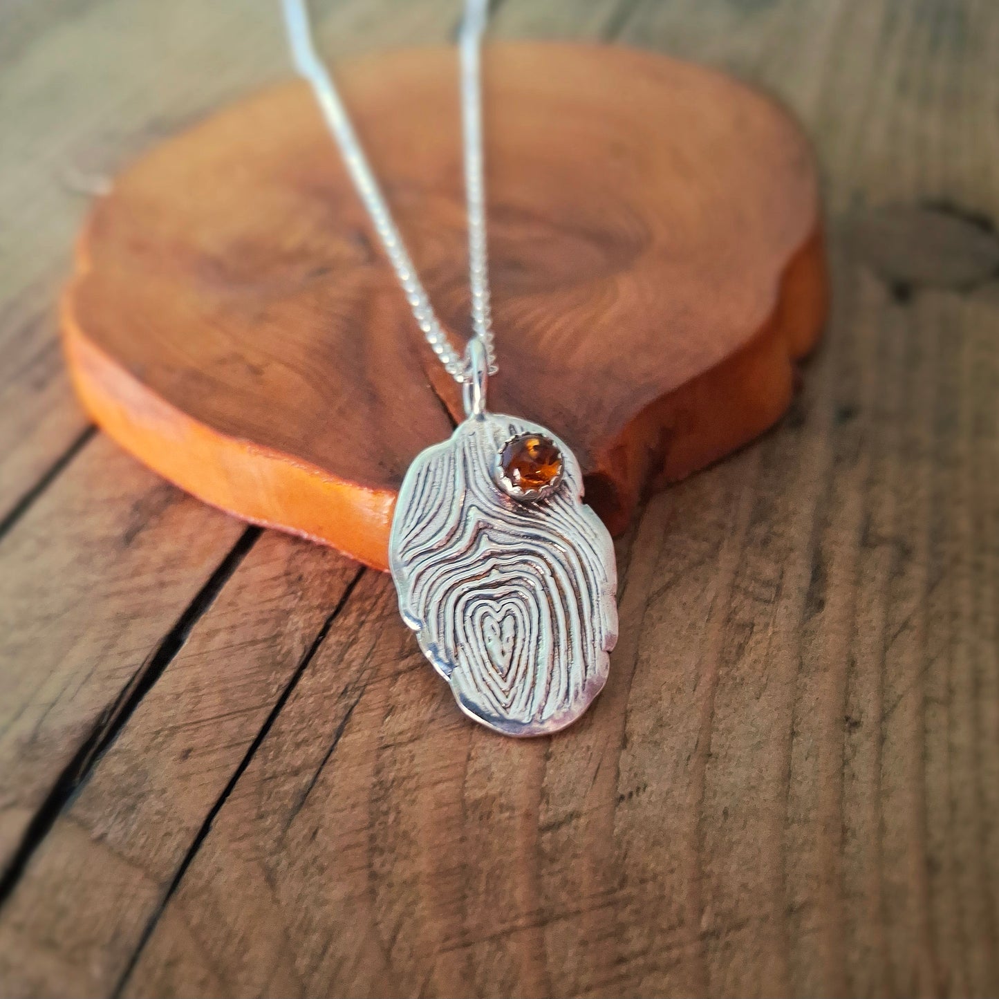 Silver Tree Bark Heart and Amber Handmade Necklace