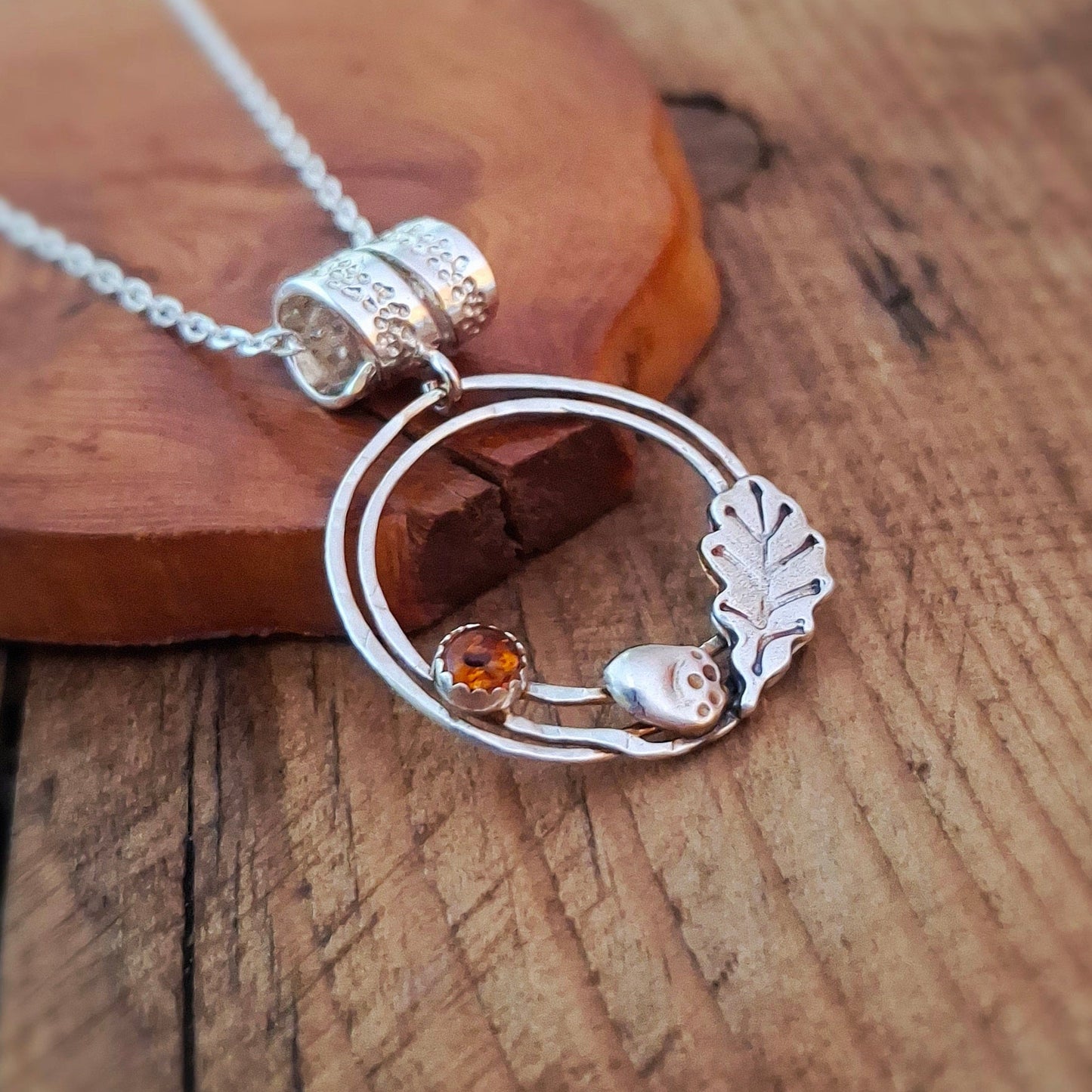 Handmade Oak Leaf & Acorn Wreath Silver Necklace with Amber