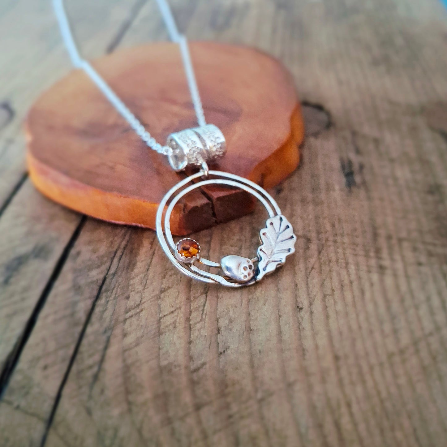 Handmade Oak Leaf & Acorn Wreath Silver Necklace with Amber