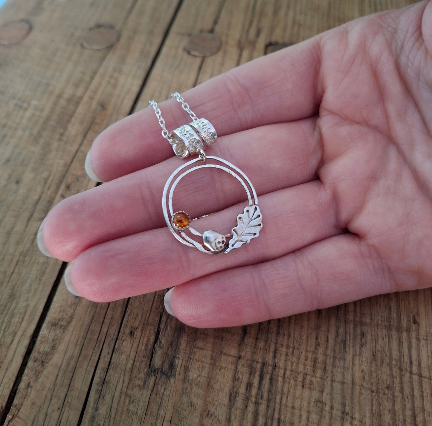 Handmade Oak Leaf & Acorn Wreath Silver Necklace with Amber