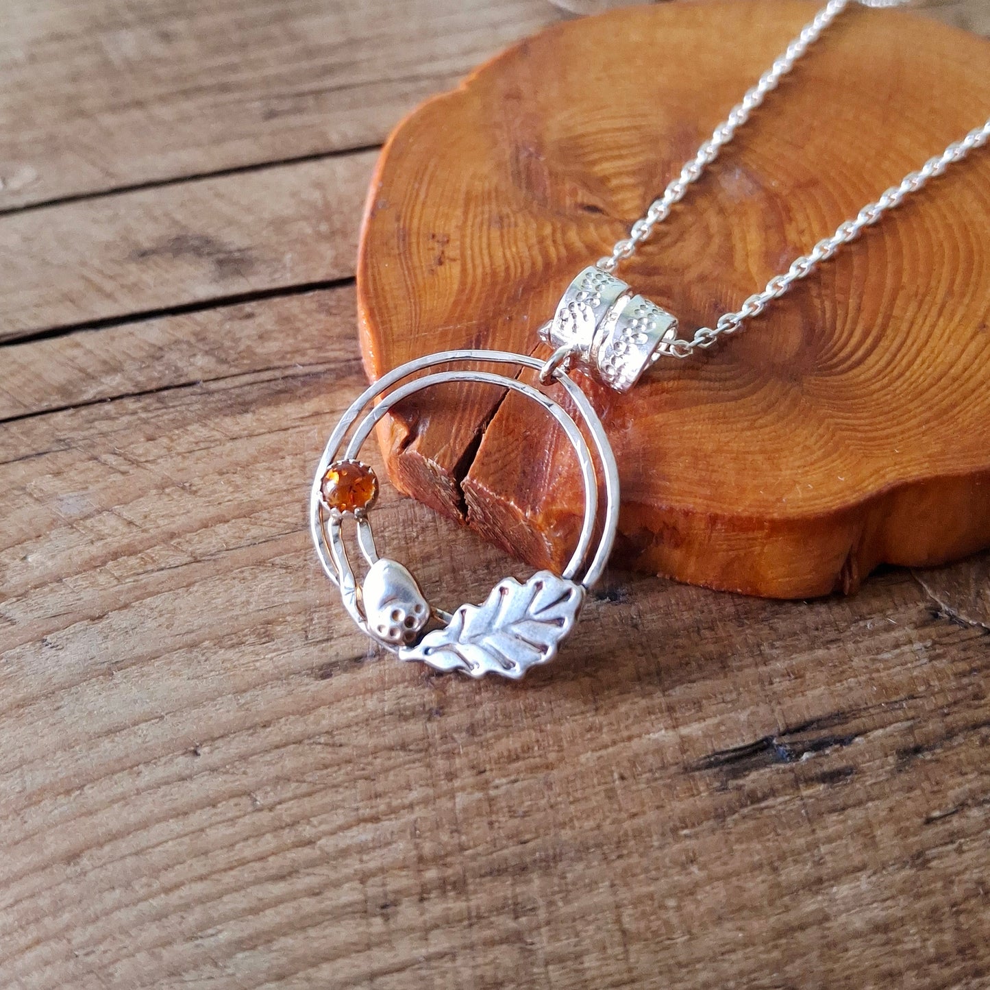 Handmade Oak Leaf & Acorn Wreath Silver Necklace with Amber