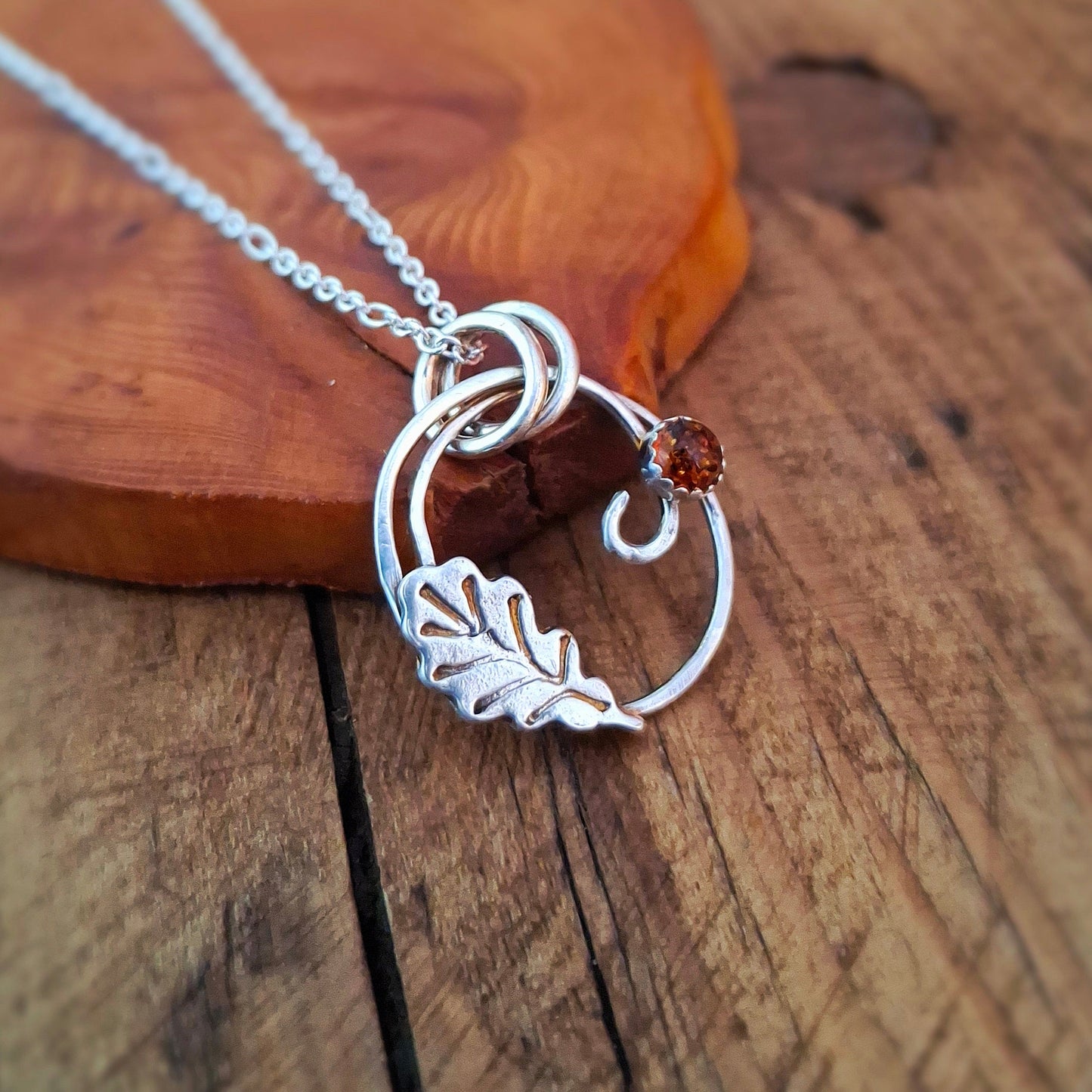 Handmade Oak Leaf Wreath Silver Necklace with Amber