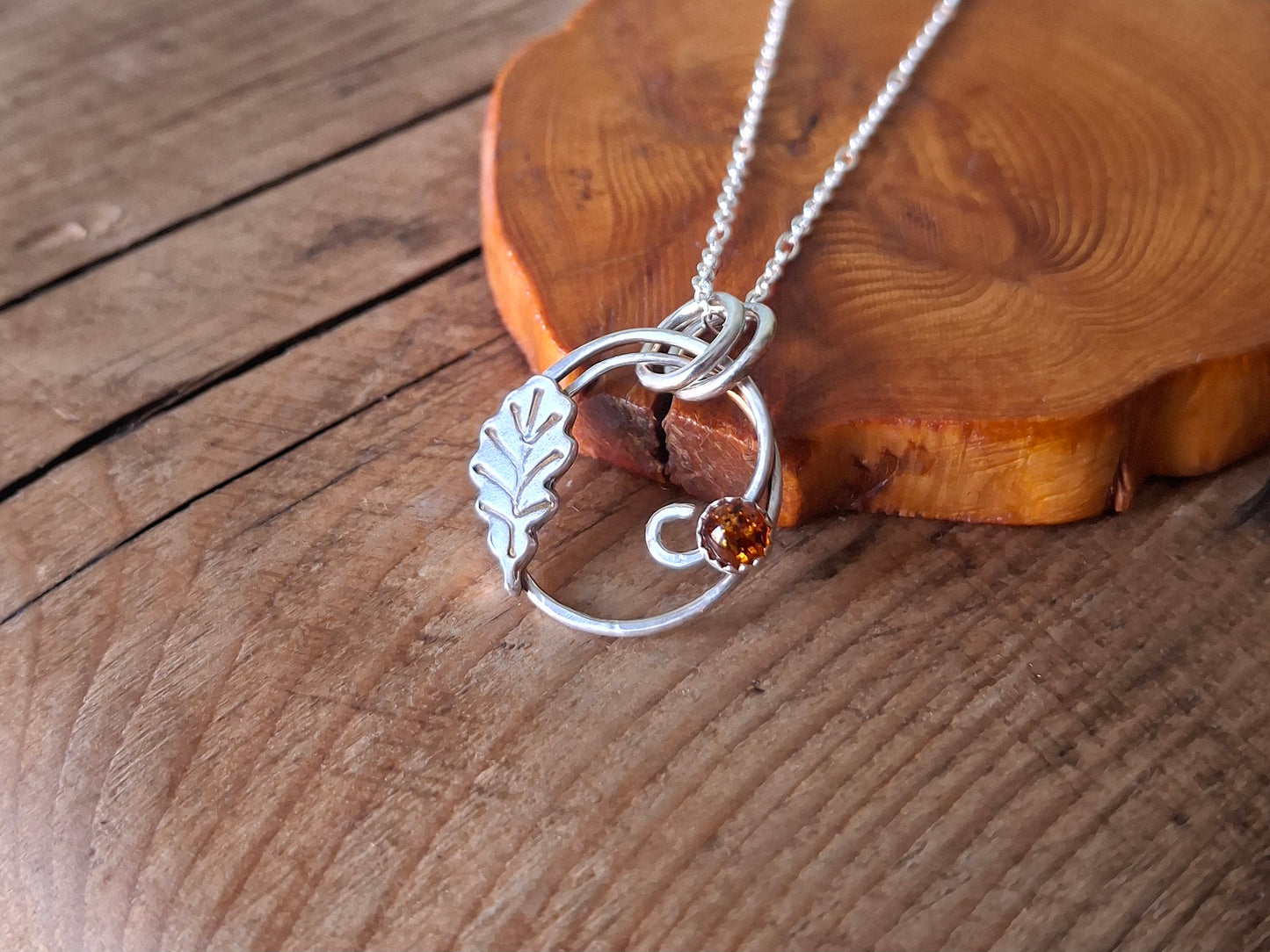 Handmade Oak Leaf Wreath Silver Necklace with Amber