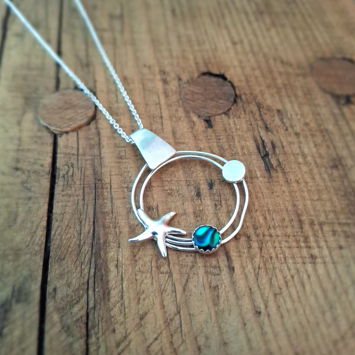 Handmade Silver Circle Ocean Pendant with Starfish & Abalone