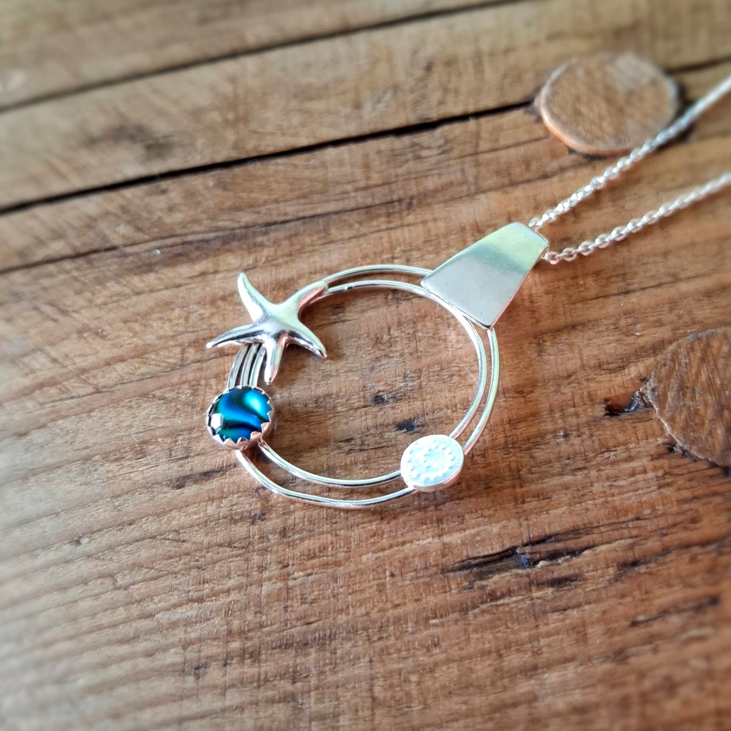 Handmade Silver Circle Ocean Pendant with Starfish & Abalone