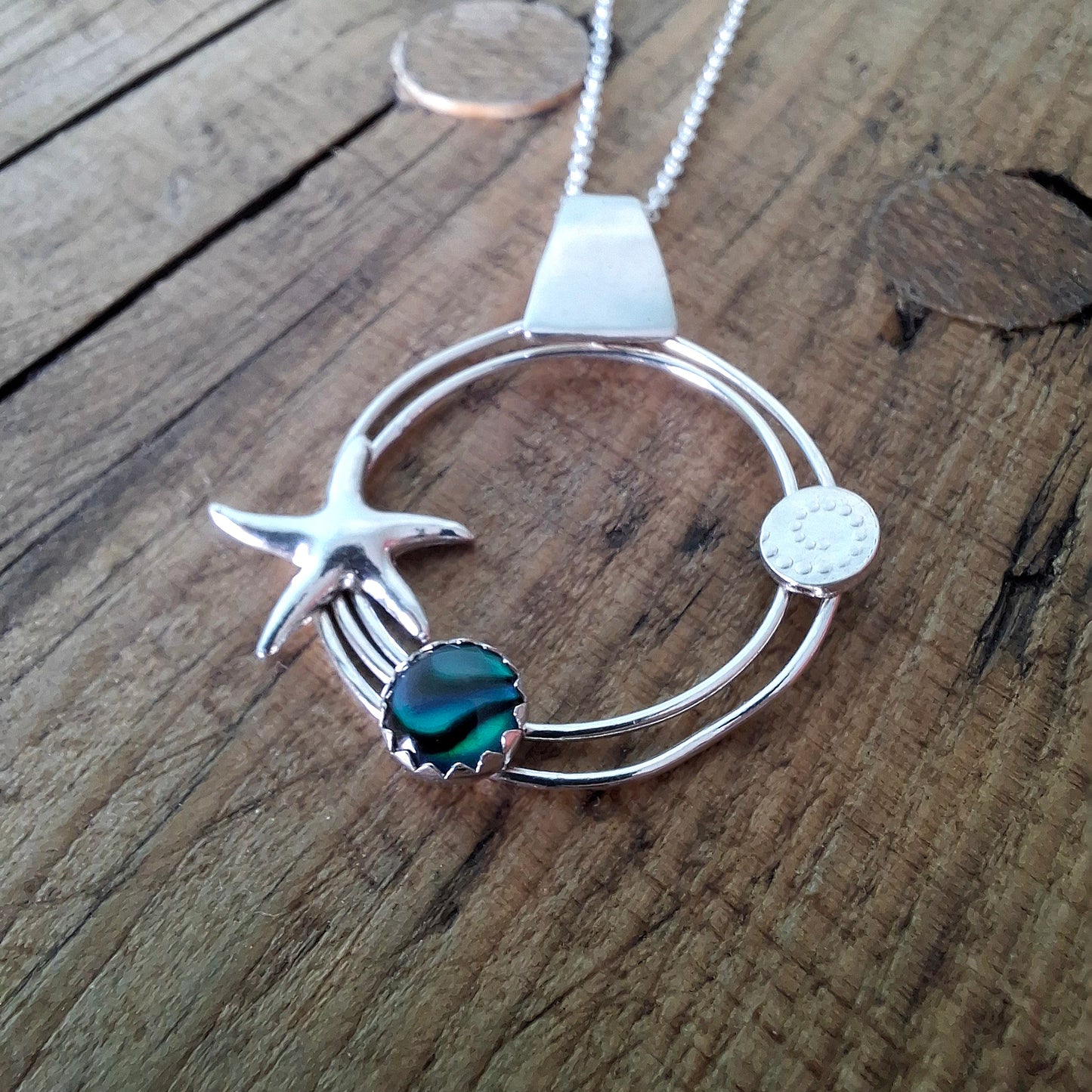 Handmade Silver Circle Ocean Pendant with Starfish & Abalone