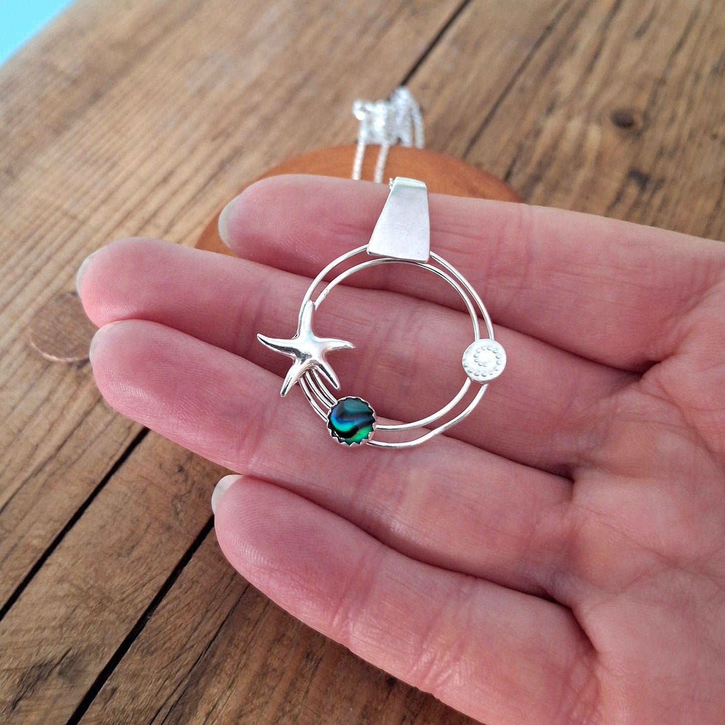 Handmade Silver Circle Ocean Pendant with Starfish & Abalone