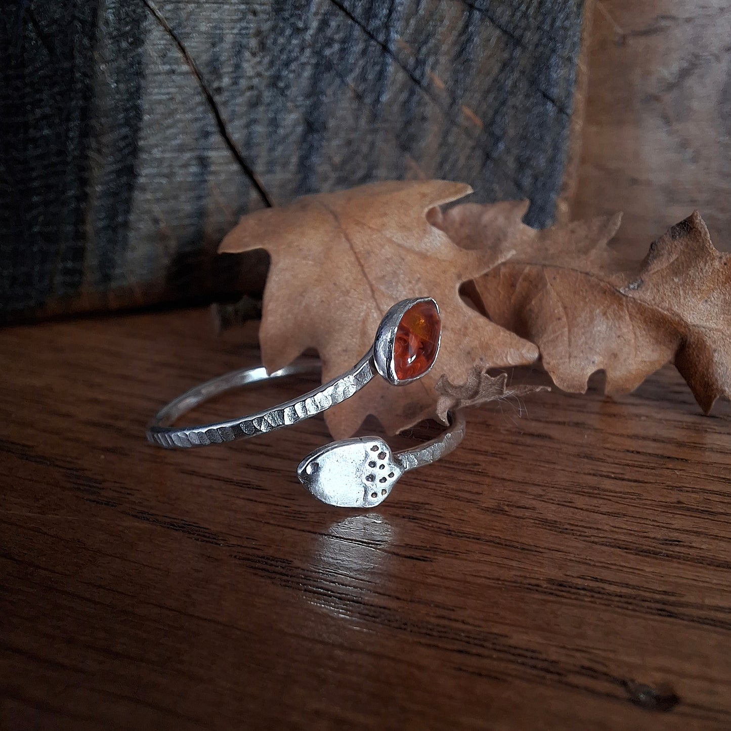 Handmade Adjustable Acorn & Amber Leaf Silver Ring