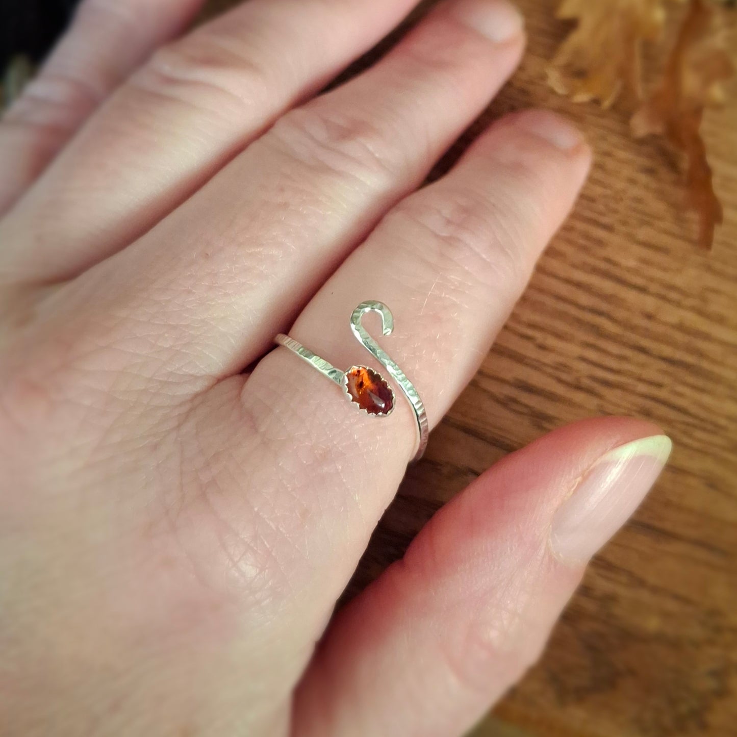 Handmade Adjustable Amber Swirl Silver Ring