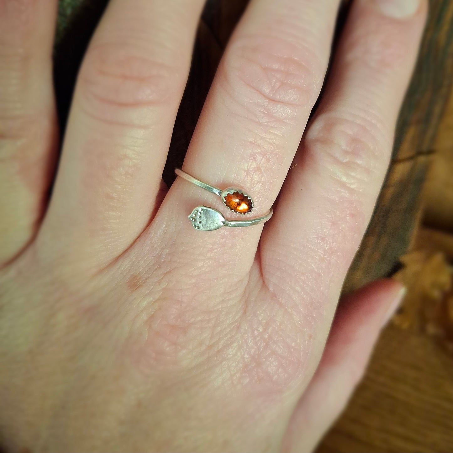 Handmade Adjustable Acorn & Amber Silver Ring