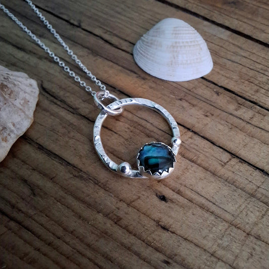 Small Handmade Silver Circle Seaside Pendant with Abalone