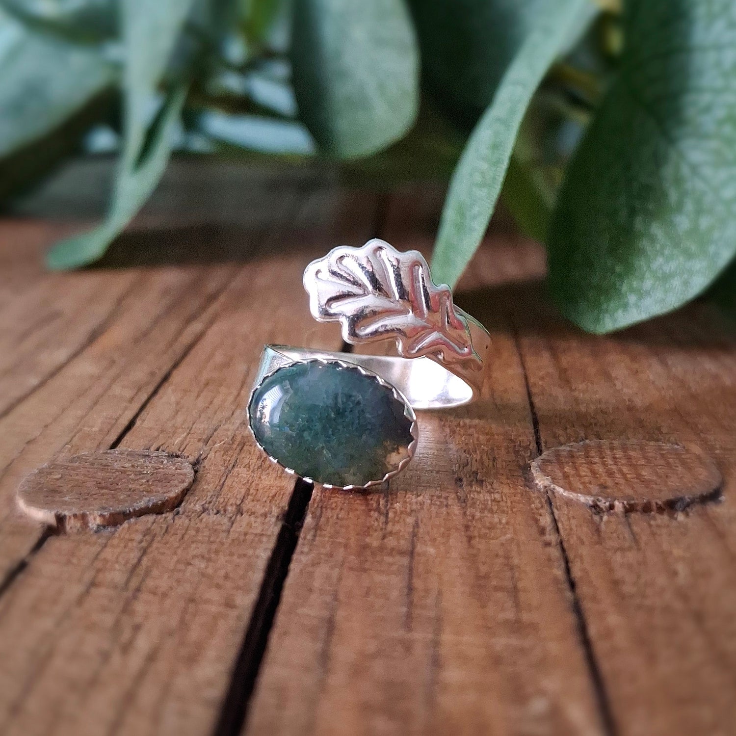 Handmade Oak Leaf Statement Ring with Moss Agate, Open Adjustable