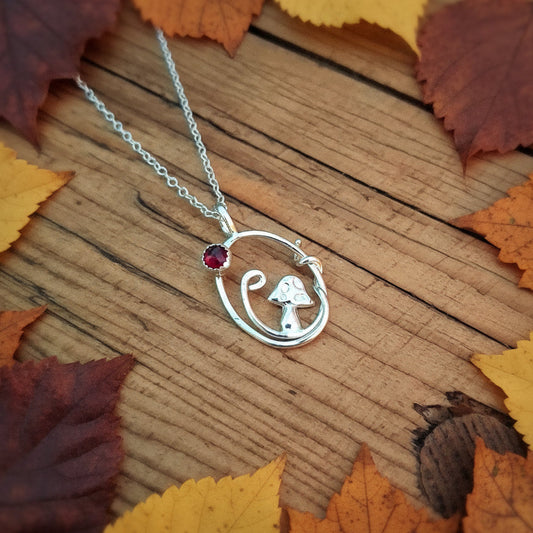 Handmade Mushroom and Vine Silver Necklace with Garnet