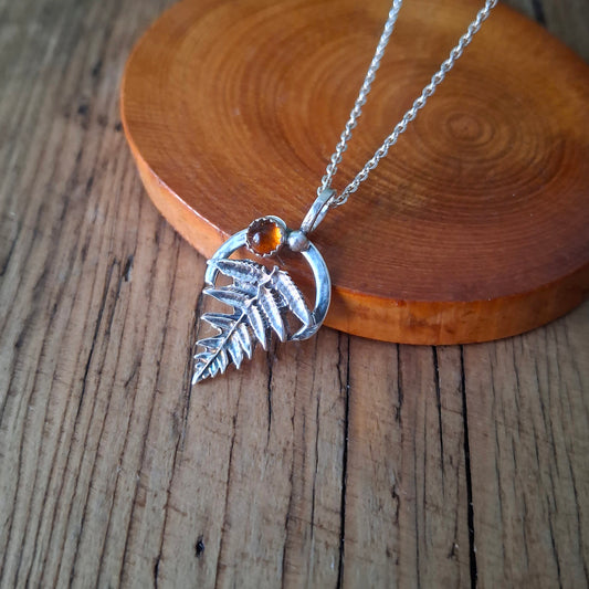 Handmade Silver Fern Leaf and Amber Necklace