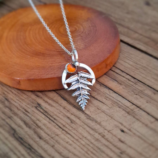 Handmade Silver Fern Leaf and Amber Necklace