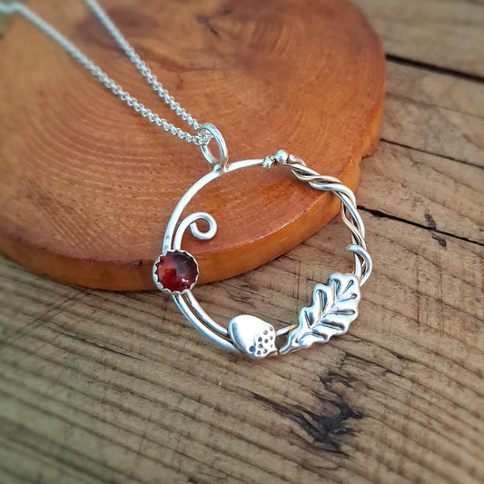 Handmade Oak Leaf & Acorn Wreath Silver & Rose-Gold Necklace with Amber