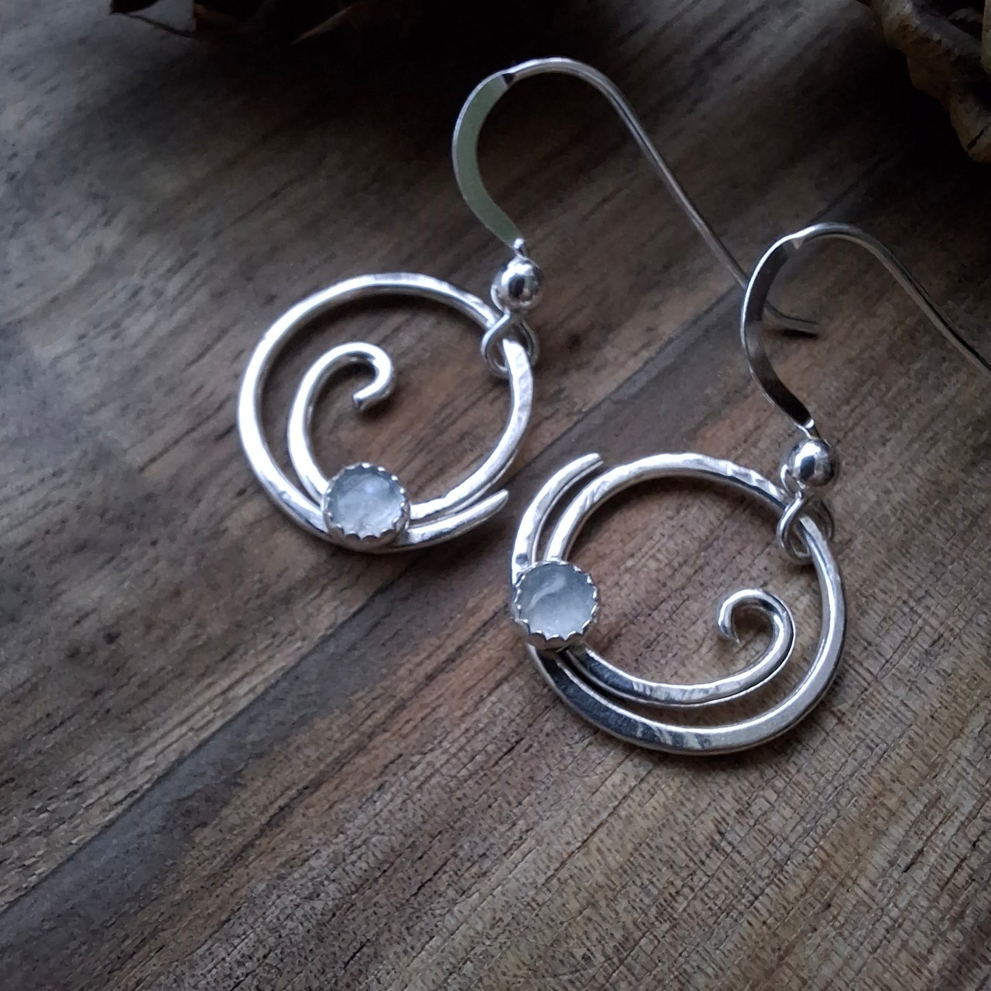 Handmade Winter Ocean Wave Silver Earrings with Aquamarine
