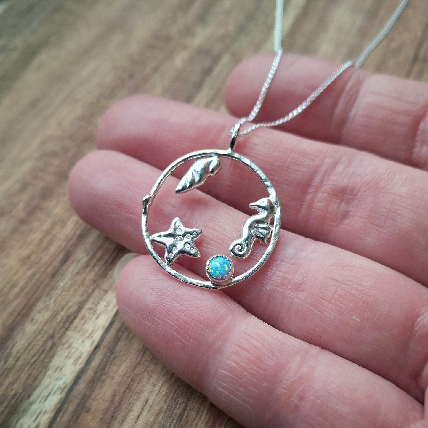 Handmade Silver Circle Seaside Pendant with Opal