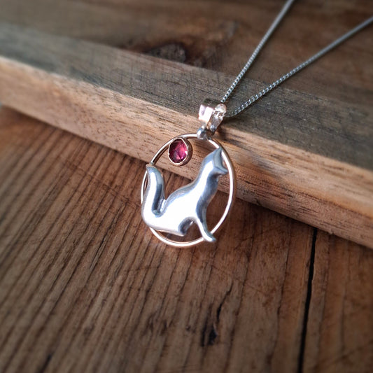 Handmade Rose Gold & Silver Fox Charm Necklace with Garnet