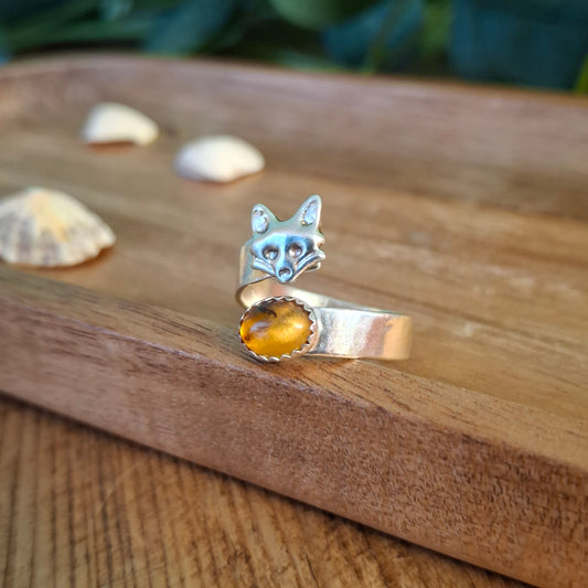 Handmade Adjustable Fox & Amber Silver Ring