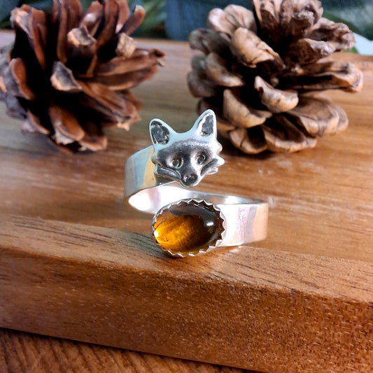 Handmade Adjustable Fox & Amber Silver Ring