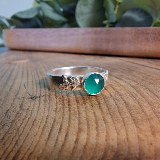 Handmade Oak Leaf & Acorn Green Onyx Ring, Nature Inspired Jewellery