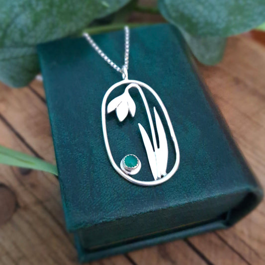 Handmade Large Oval Snowdrop Pendant with Green Onyx
