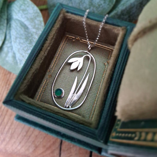 Handmade Large Oval Snowdrop Pendant with Green Onyx