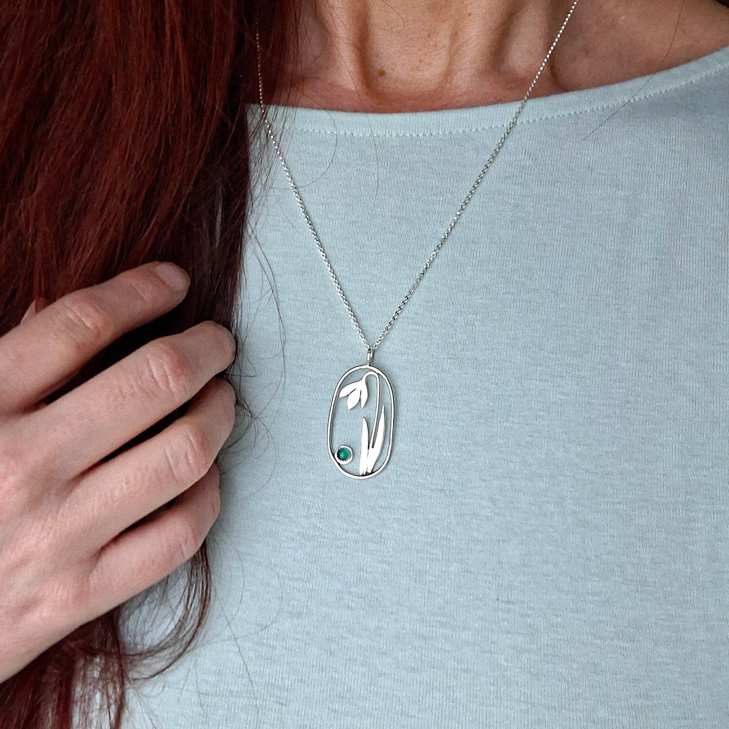 Handmade Large Oval Snowdrop Pendant with Green Onyx